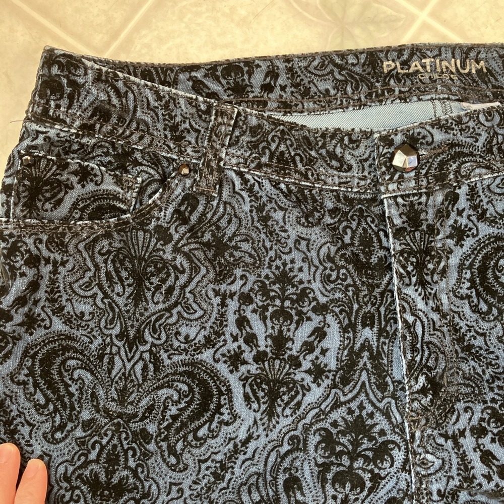 Chico's Platinum Black Velvet Flocked Paisley Jeans‎  Size 3 XL Straight Cut